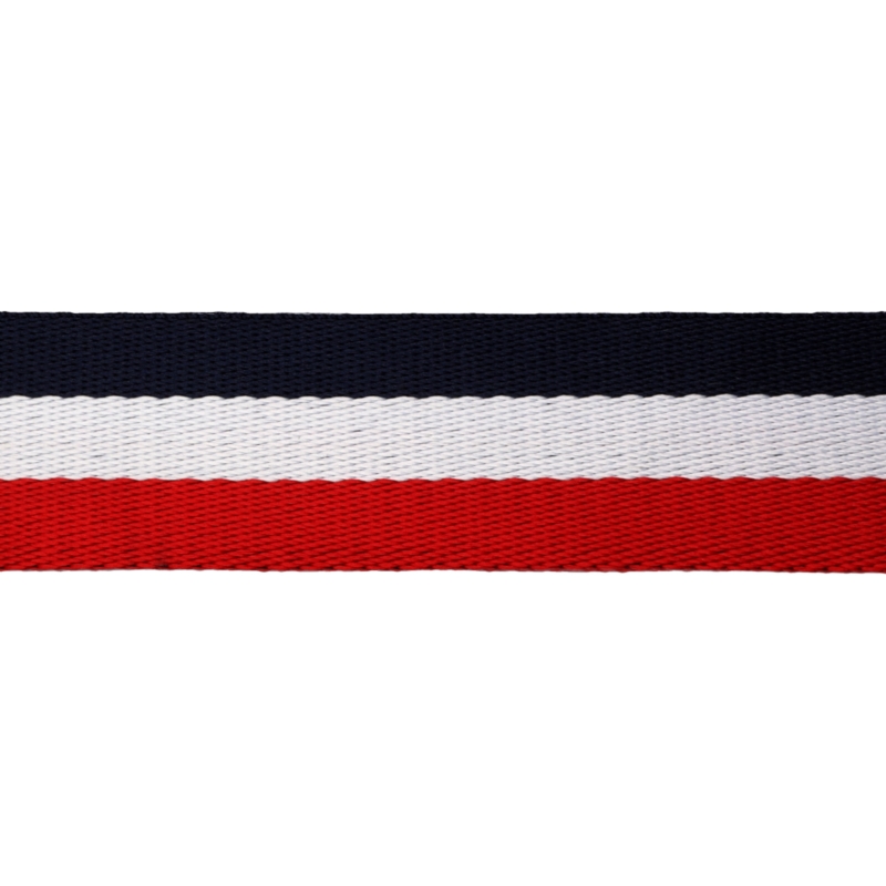 Polycotton popruh 38 mm / 1,40 (+/- 0,05) mm (7) tmavě modrá, bílá a červená 50 yd