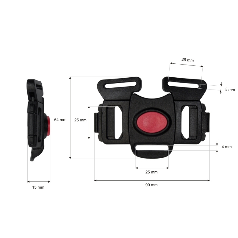 Klamra plastikowa podwójna 25 mm 5-way Tekla 9 czarna z czerwonym guzikiem