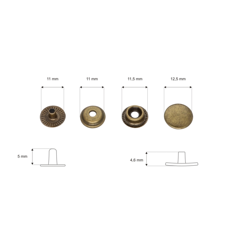 Metal snap fastener 12,5 mm old gold 720 pcs