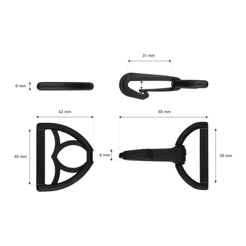 Plastic snap hook + triangle 40 mm oskar black 500 pcs