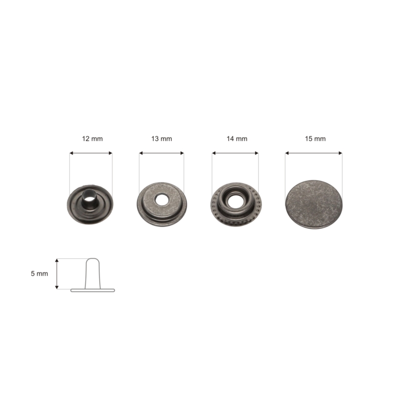 Stainless metal snap fastener 15 mm black nickel 2g 200 pcs