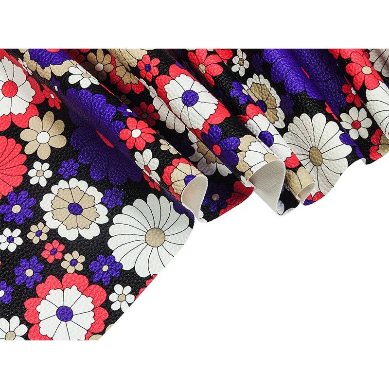 IMITATION LEATHER BLACK FLOWERS 140 CM 35 MB