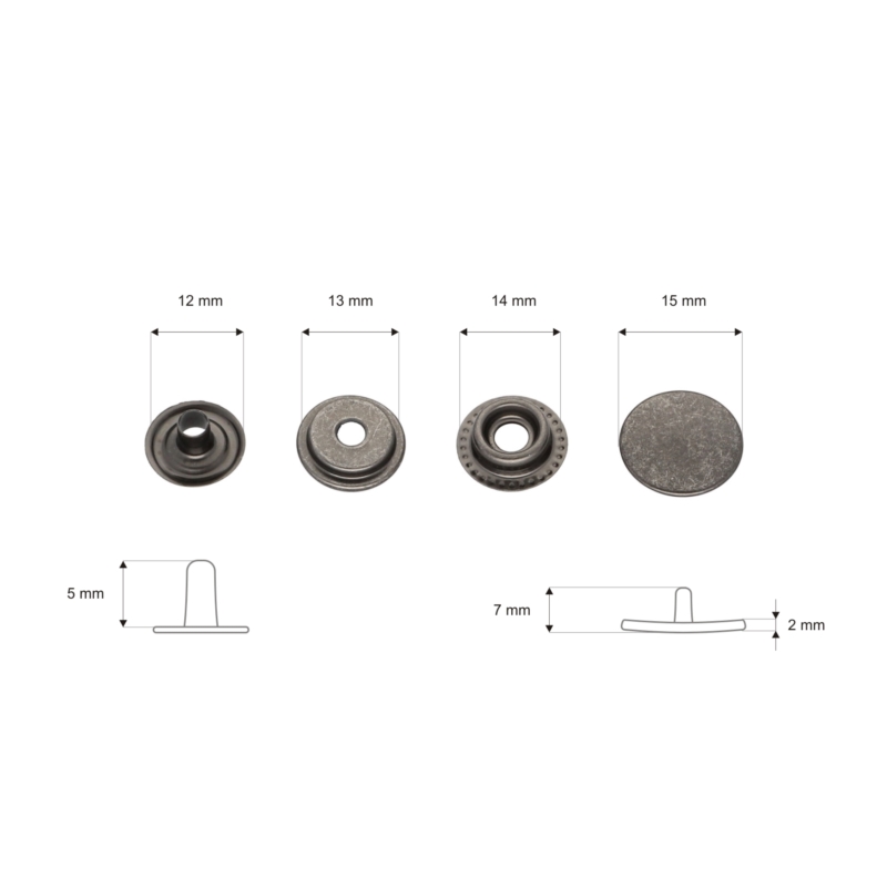 Stainless metal snap fastener 15 mm black nickel 200 pcs