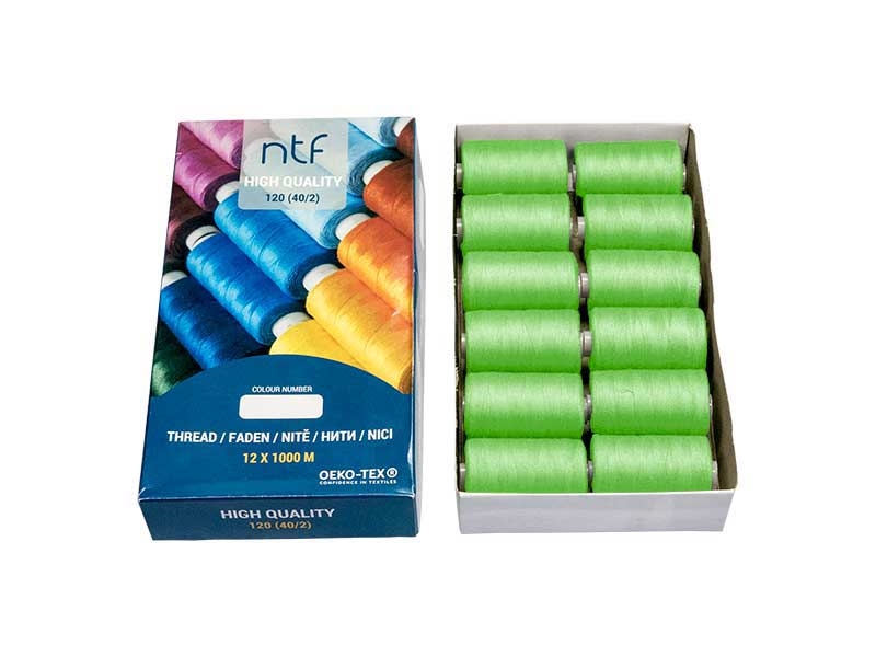 POLYESTEROVÉ NITĚ NTF 40/2NEONOVĚ ZELENÁ A587  1000 m x 12 ks