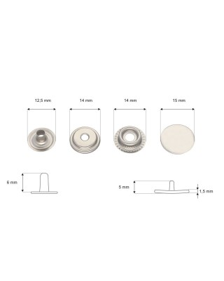 Stainless metal snap fastener 15 mm nickel 2g 200 pcs