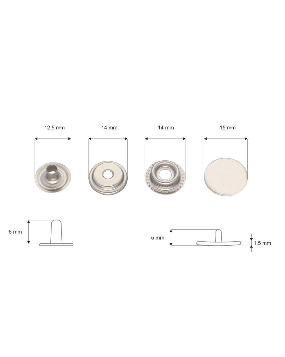 Stainless metal snap fastener 15 mm nickel 2g 200 pcs