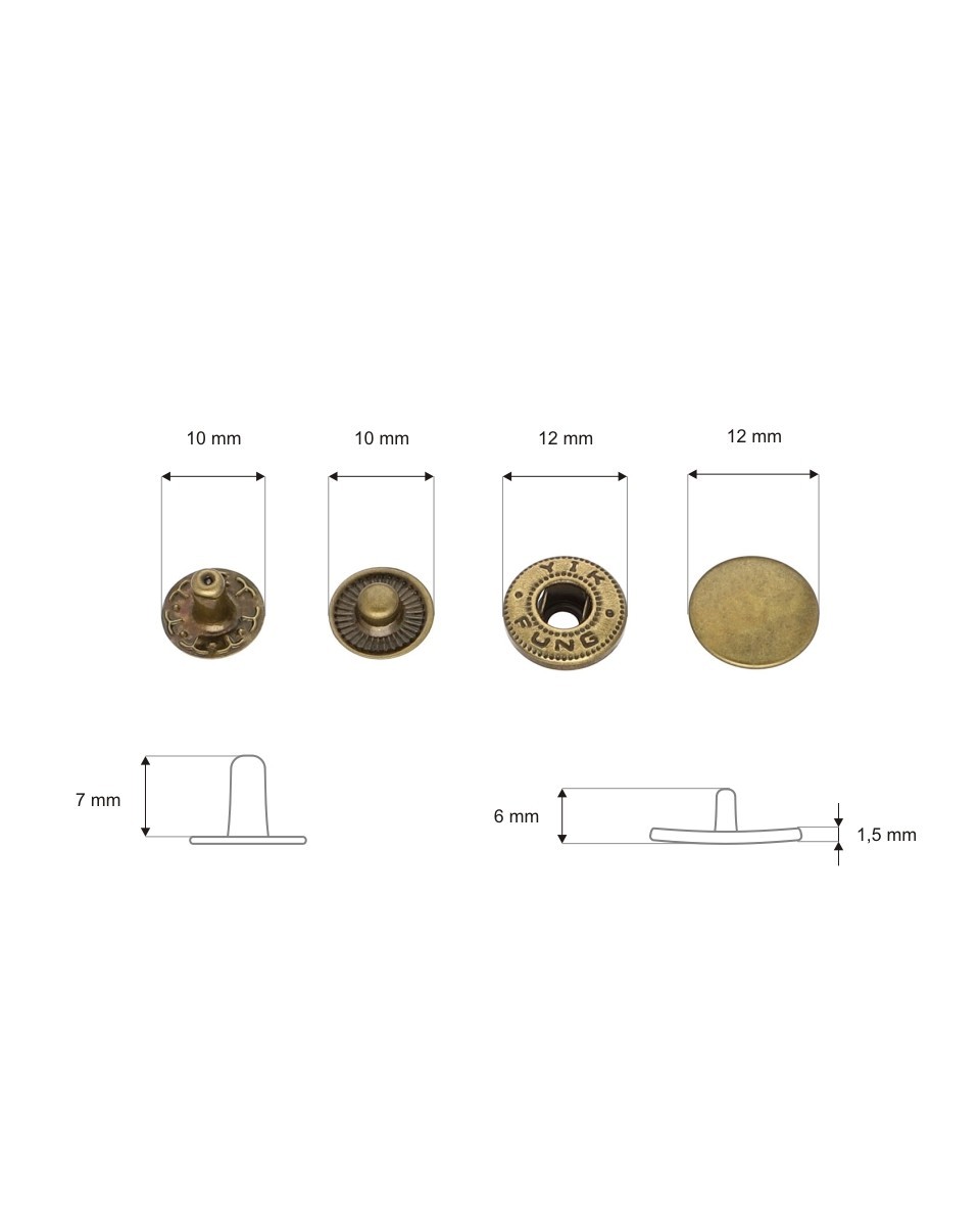 Metal snap fastener alfa 12,5 mm old gold