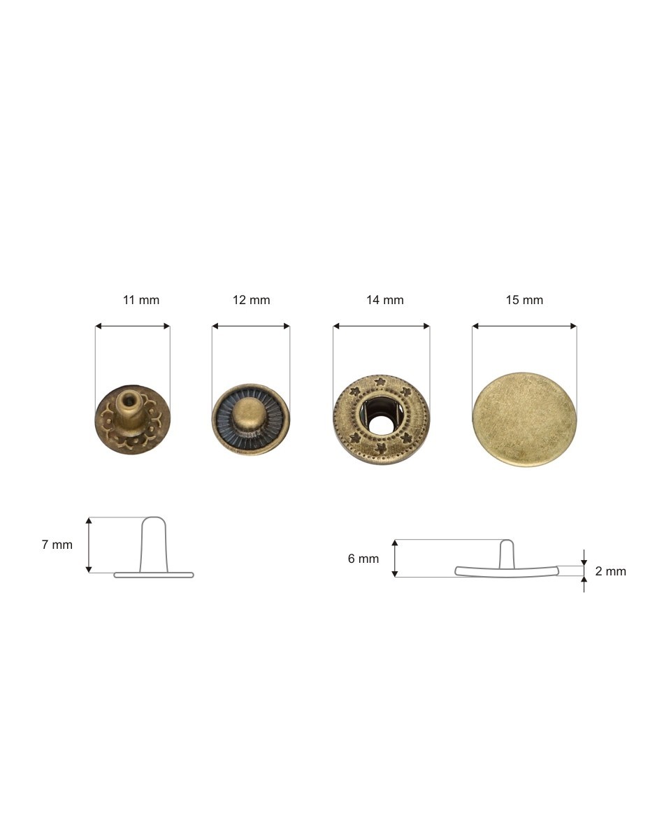 Metal snap fastener alfa 15 mm old gold