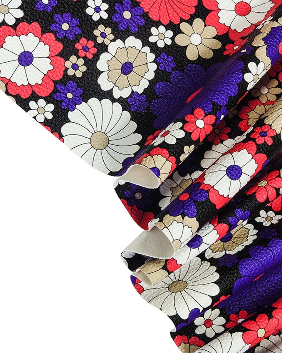 IMITATION LEATHER BLACK FLOWERS 140 CM 35 MB